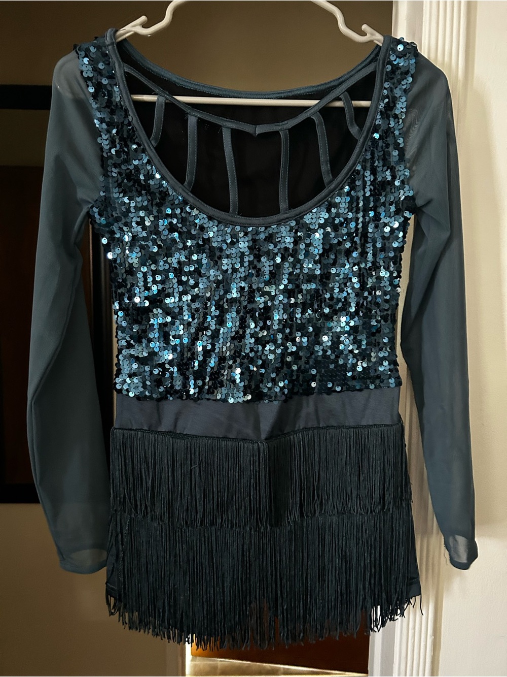 Weissman Teal Sequin Fringe Tap/Jazz Costume w/attached biketard briefs